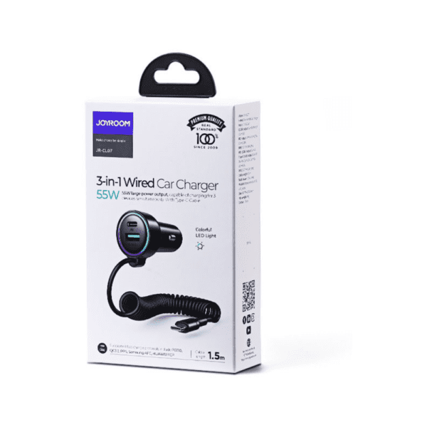 Joyroom 3-in-1 Wired Car Charger (Type-C) JR-CL07-1 Joyroom 3-in-1 Wired Car Charger (Type-C) JR-CL07