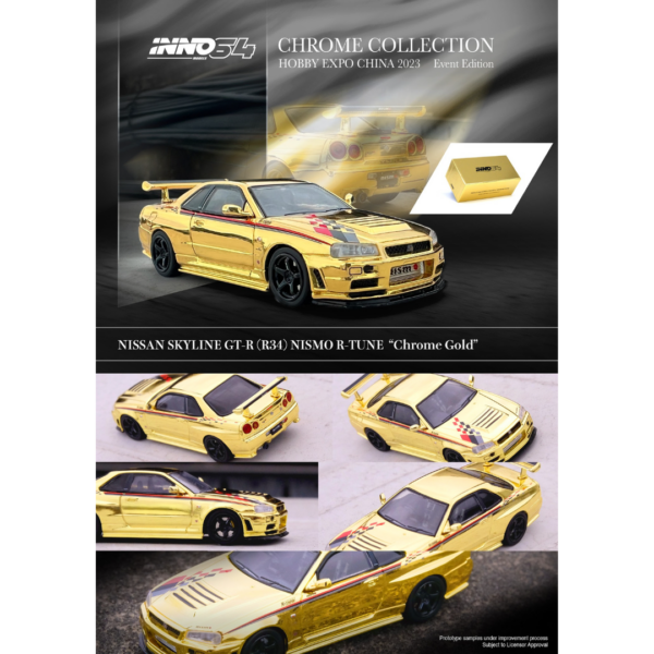 Nissan Skyline GT-R (R34) Nismo R-Tune Gold Chrome CHINA HOBBY EXPO 2023 IN64-R34RT-GCH Nissan Skyline GT-R (R34) Nismo R-Tune Gold Chrome CHINA HOBBY EXPO 2023 IN64-R34RT-GCH
