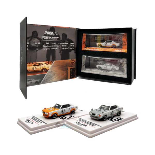 Toyota Celica 1600GT TA22 #67 and #68 Nippon Grand Prix 1972 Box Set Collection-1 Toyota Celica 1600GT TA22 #67 and #68 Nippon Grand Prix 1972 Box Set Collection Includes 2 cars Highly detailed 1/64 models Rubber wheels