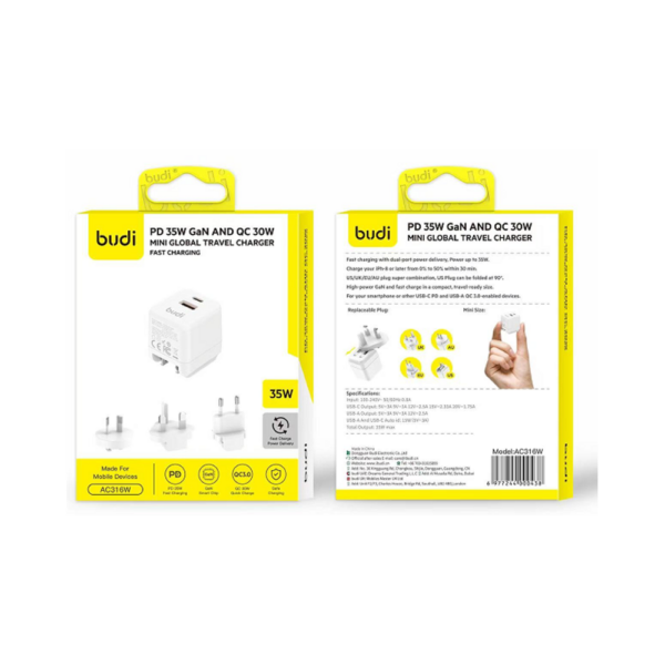 Budi 35W PD GaN & QC3.0 30W International Charger Adapter Global Travel Plug AC316W-1 Dual-Port High-Speed Charging. Enjoy rapid power delivery with dual ports offering up to 35W total output for efficient charging. Quick Boost for iPhone. Charge your iPhone 8 or newer from 0% to 50% in just 30 minutes for fast top-ups on the go. Global Plug Versatility. Includes US, UK, EU, and AU plug options—plus a foldable US plug that rotates 90° for compact storage. Compact GaN Power for Travel. Powered by high-efficiency GaN technology, this charger delivers fast charging in a sleek, travel-friendly design. Universal Device Compatibility. Perfect for smartphones and other devices that support USB-C Power Delivery or USB-A Quick Charge 3.0.