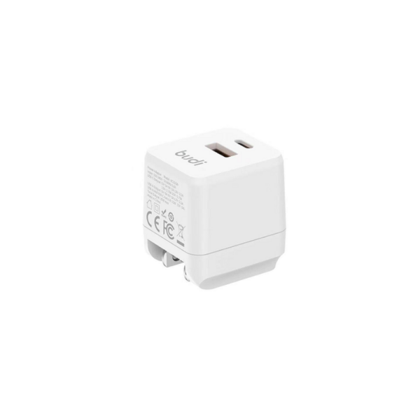 Budi 35W PD GaN & QC3.0 30W International Charger Adapter Global Travel Plug AC316W Dual-Port High-Speed Charging. Enjoy rapid power delivery with dual ports offering up to 35W total output for efficient charging. Quick Boost for iPhone. Charge your iPhone 8 or newer from 0% to 50% in just 30 minutes for fast top-ups on the go. Global Plug Versatility. Includes US, UK, EU, and AU plug options—plus a foldable US plug that rotates 90° for compact storage. Compact GaN Power for Travel. Powered by high-efficiency GaN technology, this charger delivers fast charging in a sleek, travel-friendly design. Universal Device Compatibility. Perfect for smartphones and other devices that support USB-C Power Delivery or USB-A Quick Charge 3.0.